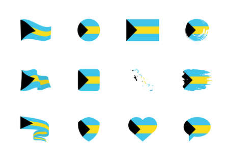 Bahamas flag - flat collection. Flags of different shaped twelve flat icons. Vector illustration setのイラスト素材