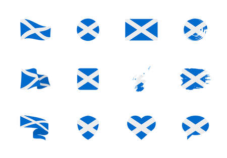 Scotland flag - flat collection. Flags of different shaped twelve flat icons. Vector illustration setのイラスト素材
