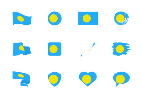 Palau flag - flat collection. Flags of different shaped twelve flat icons. Vector illustration setのイラスト素材