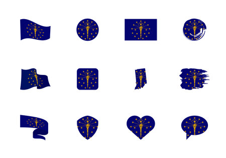 Indiana - flat collection of US states flags. Flags of twelve flat icons of various shapes. Set of vector illustrationsのイラスト素材