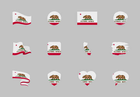 California - flat collection of US states flags. Flags of twelve flat icons of various shapes. Set of vector illustrationsのイラスト素材