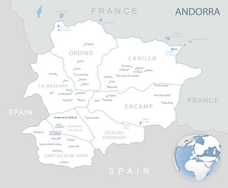 Blue-gray detailed map of Andorra administrative divisions and location on the globe. Vector illustrationのイラスト素材