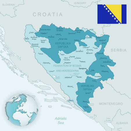 Blue-green detailed map of Bosnia and Herzegovina administrative divisions with country flag and location on the globe. Vector illustrationのイラスト素材
