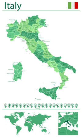 Detailed map of Italy with country flag and location on world map. Vector illustrationのイラスト素材