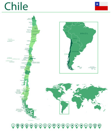 Chile detailed map and flag. Chile on world map.のイラスト素材