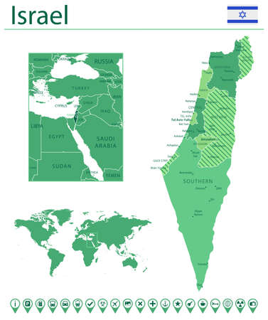 Detailed map of Israel with country flag and location on world map. Vector illustrationのイラスト素材