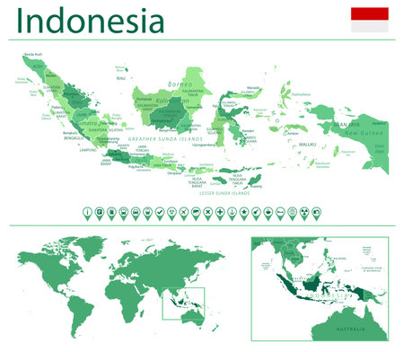 Detailed map of Indonesia with country flag and location on world map. Vector illustrationのイラスト素材