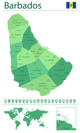 Detailed map of Barbados with country flag and location on world map. Vector illustrationのイラスト素材