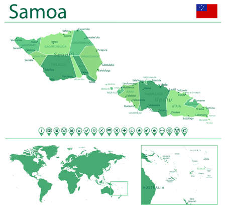 Detailed map of Samoa with country flag and location on world map. Vector illustrationのイラスト素材