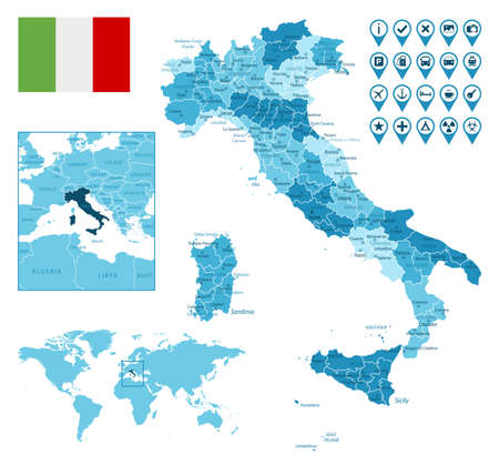 Italy detailed administrative blue map with country flag and location on the world map.のイラスト素材