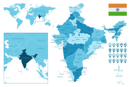India detailed administrative blue map with country flag and location on the world map.のイラスト素材