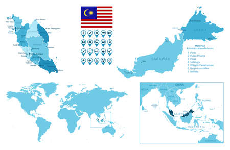 Malaysia detailed administrative blue map with country flag and location on the world map.のイラスト素材