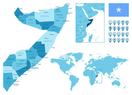 Somalia detailed administrative blue map with country flag and location on the world map. Vector illustrationのイラスト素材