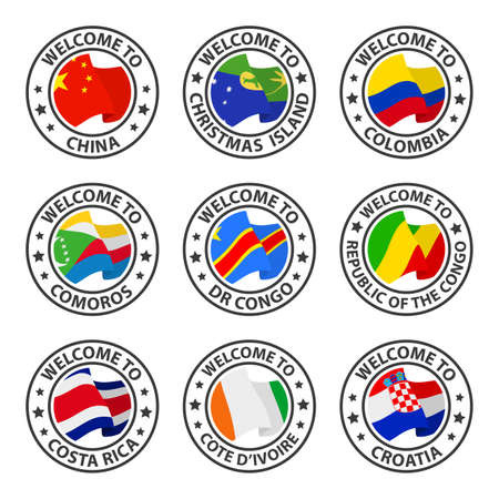 Collection of icons welcome to. Parts 5 of 23. Stamp welcome to with country flagのイラスト素材