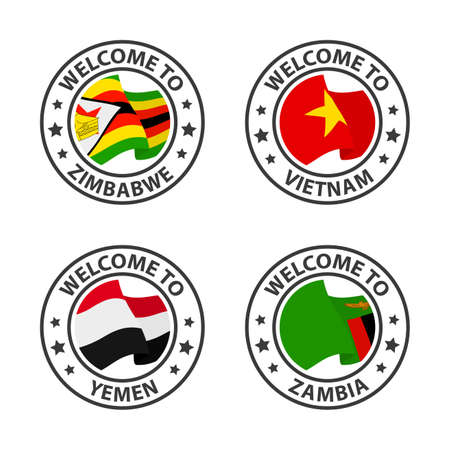 Collection of icons welcome to. Parts 23 of 23. Stamp welcome to with country flagのイラスト素材