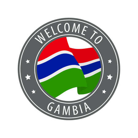 Welcome to Gambia. Gray stamp with a waving country flag. Collection of welcome icons.のイラスト素材
