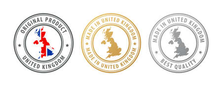 Made in United Kingdom - set of stamps with map and flag. Best quality. Original product. Vector illustrationのイラスト素材