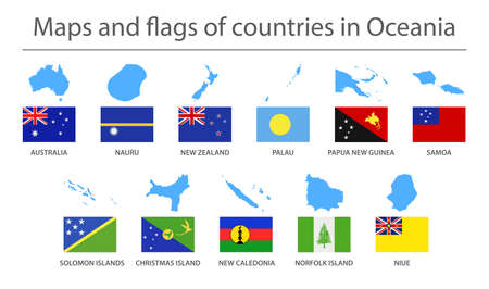Oceania. Country border maps and flags. Vector illustrationのイラスト素材