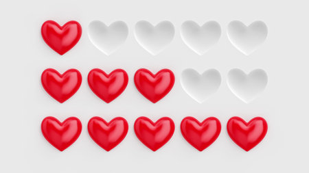 Five heart rating. Rating consisting of red hearts on a white background. 3D rendering