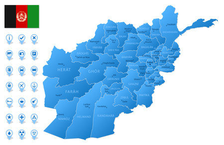 Blue map of Afghanistan administrative divisions with travel infographic icons. Vector illustrationのイラスト素材