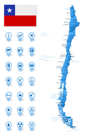 Blue map of Chile administrative divisions with travel infographic icons. Vector illustrationのイラスト素材