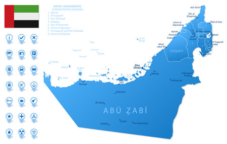 Blue map of United Arab Emirates administrative divisions with travel infographic icons. Vector illustrationのイラスト素材
