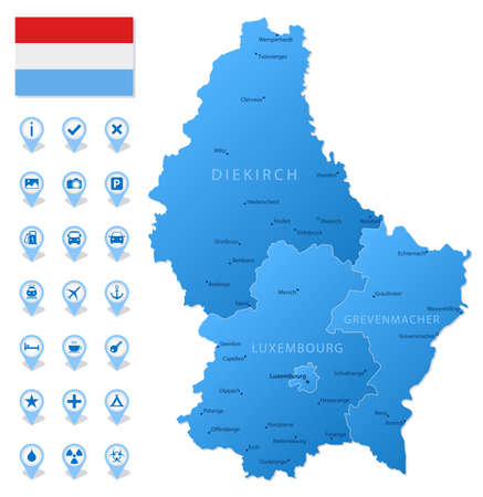 Blue map of Luxembourg administrative divisions with travel infographic icons. Vector illustrationのイラスト素材