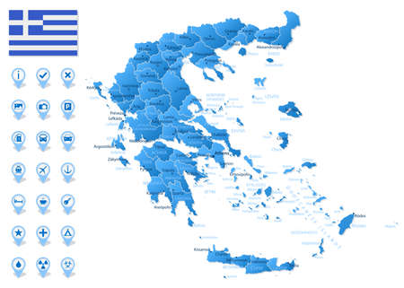 Blue map of Greece administrative divisions with travel infographic icons. Vector illustrationのイラスト素材