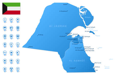 Blue map of Kuwait administrative divisions with travel infographic icons. Vector illustrationのイラスト素材