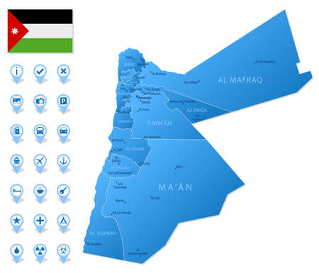 Blue map of Jordan administrative divisions with travel infographic icons. Vector illustrationのイラスト素材