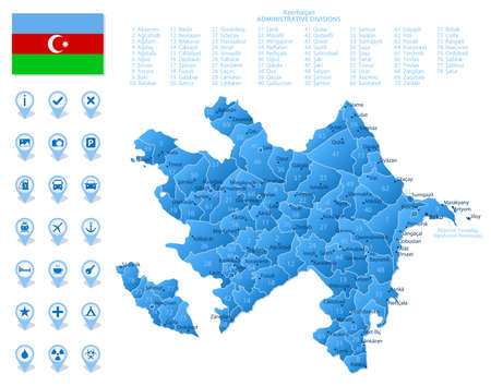 Blue map of Azerbaijan administrative divisions with travel infographic icons. Vector illustrationのイラスト素材