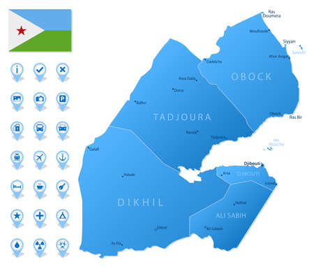 Blue map of Djibouti administrative divisions with travel infographic icons. Vector illustrationのイラスト素材