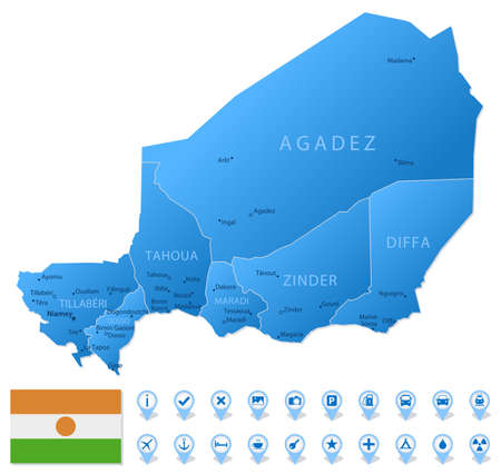 Blue map of Niger administrative divisions with travel infographic icons. Vector illustrationのイラスト素材