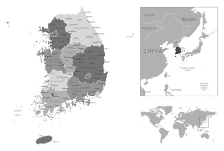South Korea - highly detailed black and white map. Vector illustrationのイラスト素材