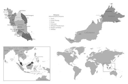Malaysia - highly detailed black and white map. Vector illustrationのイラスト素材