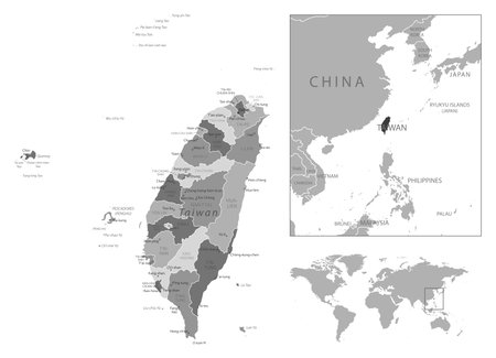 Taiwan - highly detailed black and white map. Vector illustrationのイラスト素材
