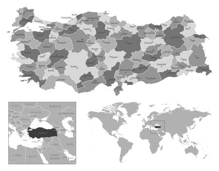 Turkey - highly detailed black and white map. Vector illustrationのイラスト素材