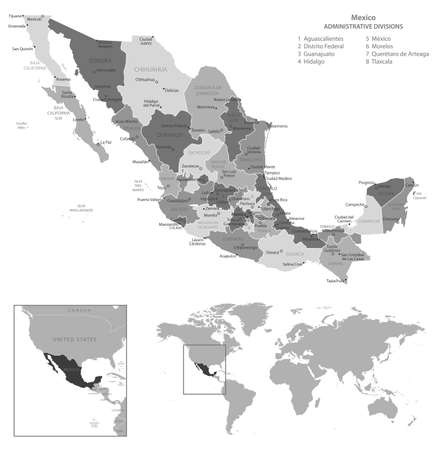 Mexico - highly detailed black and white map. Vector illustrationのイラスト素材