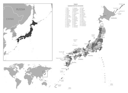 Japan - highly detailed black and white map. Vector illustrationのイラスト素材