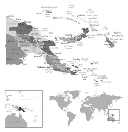 Papua New Guinea - highly detailed black and white map. Vector illustrationのイラスト素材