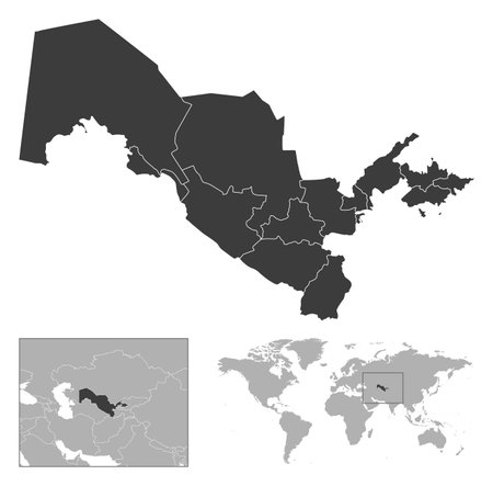 Uzbekistan - detailed country outline and location on world map. Vector illustrationのイラスト素材