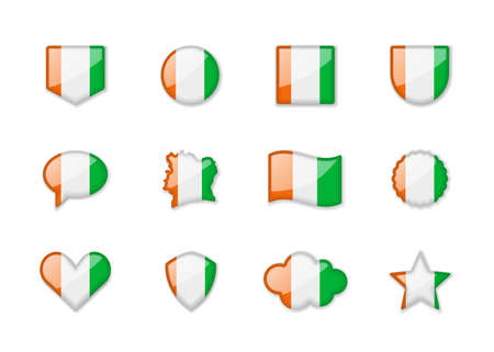 Ivory Coast - set of shiny flags of different shapes. Vector illustrationのイラスト素材