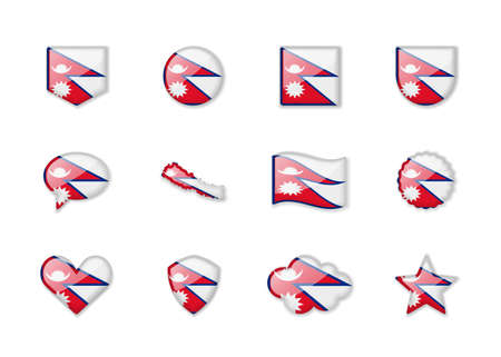 Nepal - set of shiny flags of different shapes. vector illustrationのイラスト素材