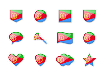 Eritrea - set of shiny flags of different shapes. vector illustrationのイラスト素材