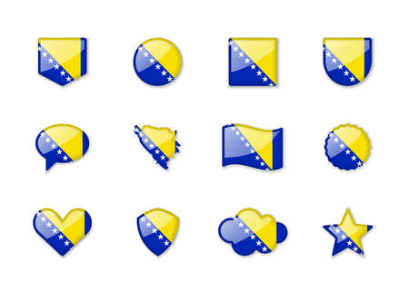 Bosnia and Herzegovina - set of shiny flags of different shapes. vector illustrationのイラスト素材