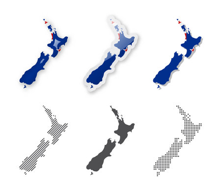 New Zealand - Maps Collection. Six maps of different designs. Set of vector illustrationsのイラスト素材