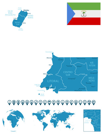 Equatorial Guinea - detailed blue country map with cities, regions, location on world map and globe. infographic icons. vector illustrationのイラスト素材