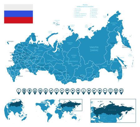 Russia - detailed blue country map with cities, regions, location on world map and globe. infographic icons. vector illustrationのイラスト素材