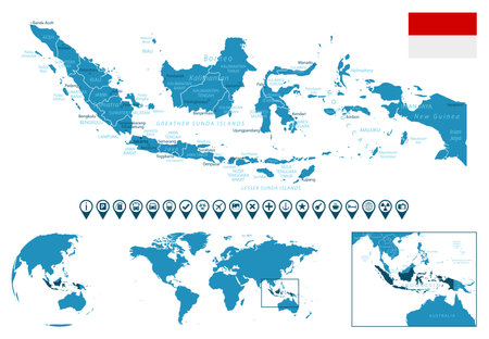 Indonesia - detailed blue country map with cities, regions, location on world map and globe. infographic icons. vector illustrationのイラスト素材