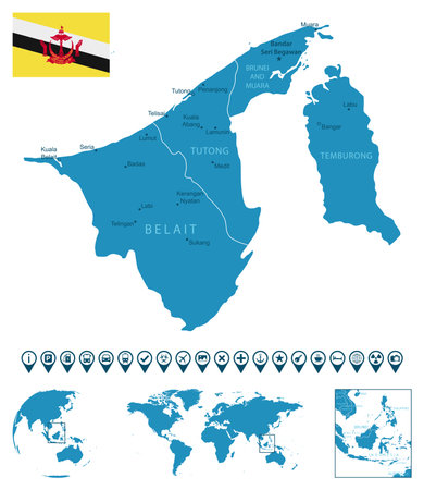Brunei - detailed blue country map with cities, regions, location on world map and globe. infographic icons. vector illustrationのイラスト素材